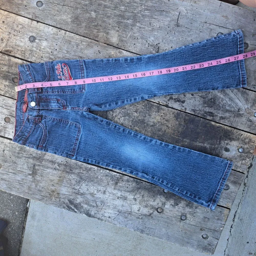 US Polo Assn Girls Y2k Denim Blue Red Logo Flare Jeans Size 6 Small 2000's